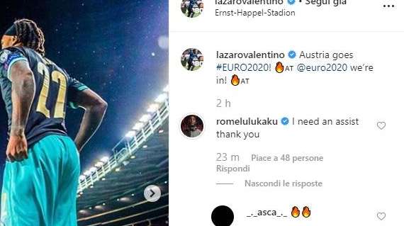Lukaku scherza con Lazaro su Instagram: "Ho bisogno di un assist, grazie"