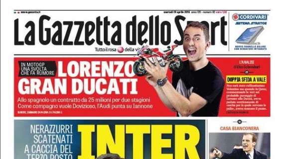 Prime pagine - Inter, 5 motivi per credere nel terzo posto. Bonolis punta sul Milan e Thohir cede gli introiti