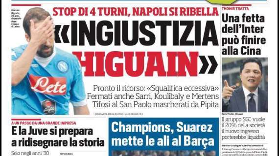 Prime pagine - Una fetta dell'Inter può finire alla Cina. Il gruppo SGC vuole il 20% della società, Thohir tratta