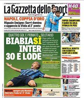 Prime pagine - L'Inter è come un treno, primato da 30 e lode. Lunedì lo scontro al vertice a Napoli