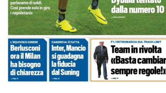 Prima pagina Ts - Mancini ha la fiducia Suning