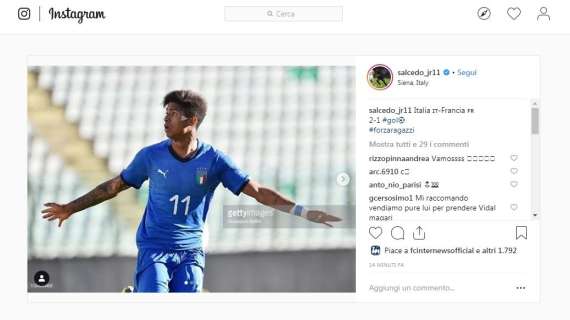 L'Italia U-19 batte 2-1 la Francia. Salcedo match-winner esulta su Instagram