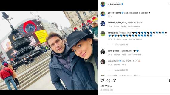 Conte, selfie  "in giro per Londra" con la moglie. E i tifosi dell'Inter gli invadono il profilo per convincerlo a tornare