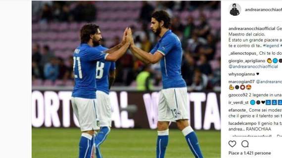 Ranocchia ringrazia Pirlo: "Genio e talento. È stato un grande piacere aver giocato con te e contro di te"