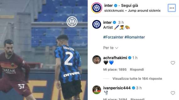 L'Inter ricorda il gol di Hakimi segnato contro la Roma. Lui commenta con i cuoricini nerazzurri
