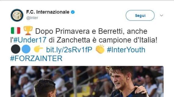 L'Inter celebra l'U17: "Campioni, come Berretti e Primavera"