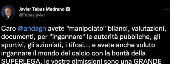 Tebas attacca Agnelli e la Juve: "Bilanci manipolati per ingannare. Le vostre dimissioni una grande notizia"
