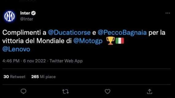 Trionfo per Bagnaia e la Ducati, il messaggio dell'Inter: "Complimenti per la vittoria del Mondiale di MotoGP"