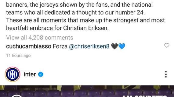 Anche Cambiasso carica Eriksen sotto la lettera dell'Inter: "Forza, Christian"