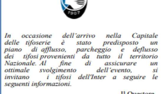 Lapsus della Questura di Roma: spedite ai tifosi dell'Atalanta le indicazioni per gli interisti