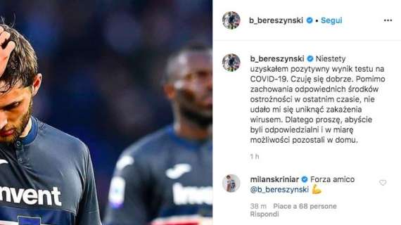 Bereszyński annuncia: "Sono positivo al Covid-19". Il sostegno di Skriniar: "Forza amico"