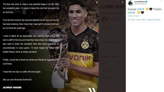 Hakimi saluta il Dortmund: "Si chiude una parentesi importantissima della mia vita. Grazie di tutto"