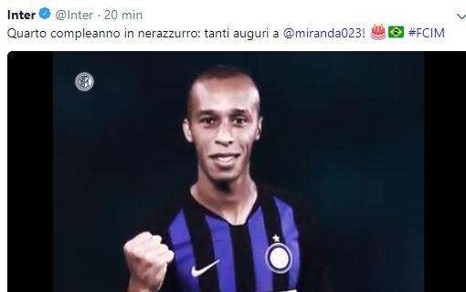 Miranda compie 34 anni, l'Inter ricorda: "Il quarto compleanno con i nostri colori"