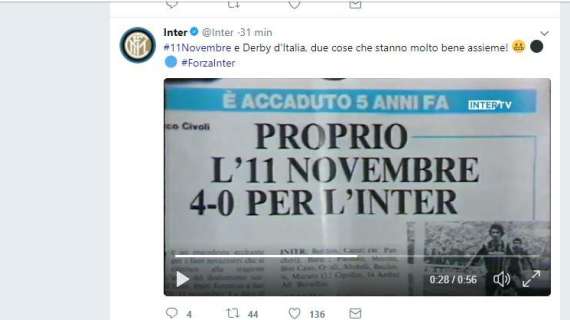 I Derby d'Italia e l'#11Novembre, l'Inter ricorda i successi: "Due cose che stanno molto bene assieme"