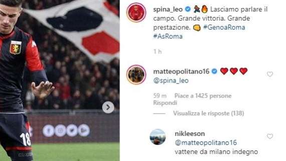 Spinazzola su Instagram: "Lasciamo parlare il campo. Gran vittoria della Roma". E Politano commenta con i cuoricini