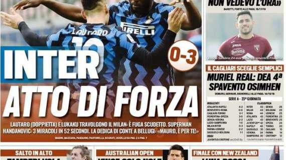 Prima pagina TS - Inter, atto di forza. Lautaro e Lukaku travolgono il Milan, è fuga Scudetto
