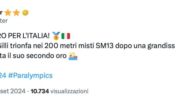 Carlotta Gilli trionfa anche nei 200 metri misti e porta a casa il secondo oro personale. I complimenti dell'Inter