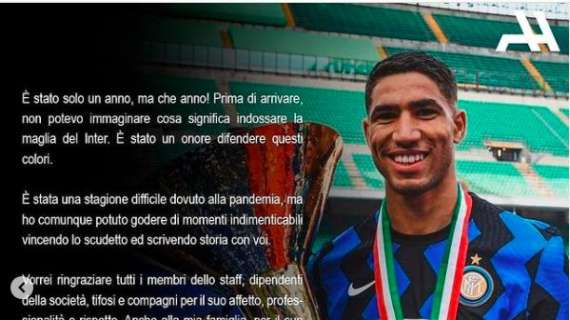 Hakimi saluta: "Un solo anno, momenti indimenticabili. Porto l'Inter nel cuore"