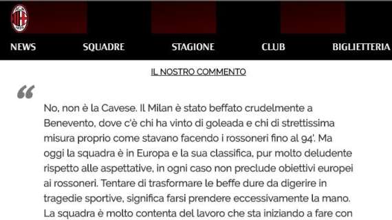 Milan, il sito ufficiale si difende dalle critiche e spunta un riferimento evidente al 2-1 dell'Inter a Benevento