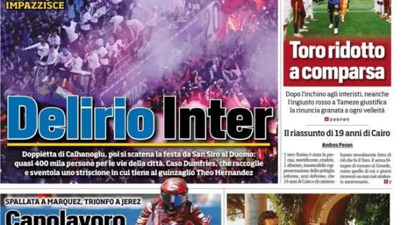 Prima pagina TS - Delirio Inter (con caso Dumfries). Toro ridotto a comparsa, rosso ingiusto