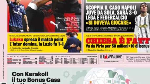 Prima pagina GdS - Lukaku spreca il match point: l'Inter domina, la Lazio fa 1-1. Disastro Guida