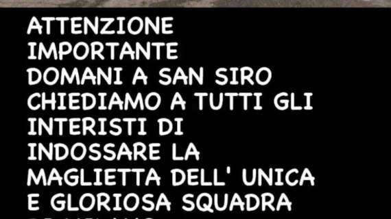 L'appello della Curva Nord: "Domani tutti gli interisti con la maglietta dell'unica squadra di Milano"