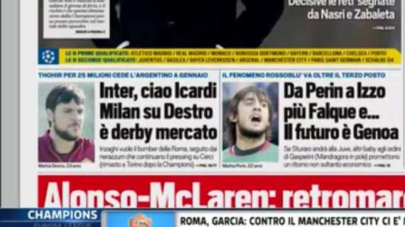 Prime pagine - L'Inter prova i suoi baby. Icardi via a gennaio per 25 milioni. Poi Destro e Cerci