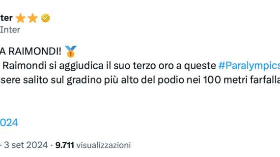 Ancora Raimondi, ancora oro. Le congratulazioni dell'Inter al nuotatore azzurro per la terza medaglia