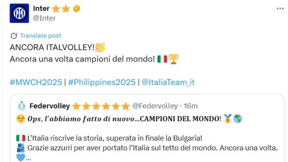 L'ItalVolley maschile campione del mondo per la seconda volta consecutiva: i complimenti dell'Inter