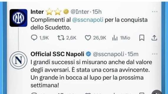 Il Napoli rende onore all'Inter: "Corsa Scudetto avvincente, in bocca al lupo per la Champions"