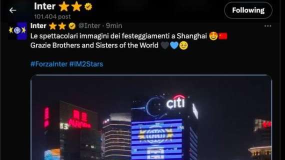 Shanghai si colora di nerazzurro per celebrare l'Inter, il club apprezza: "Grazie Brothers and Sisters of the World"