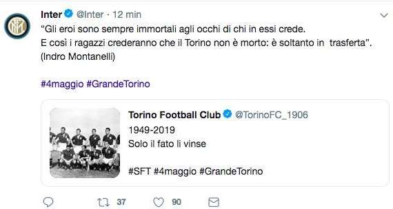 L'Inter omaggia il Grande Torino: "Gli eroi sono sempre immortali agli occhi di chi in essi crede"
