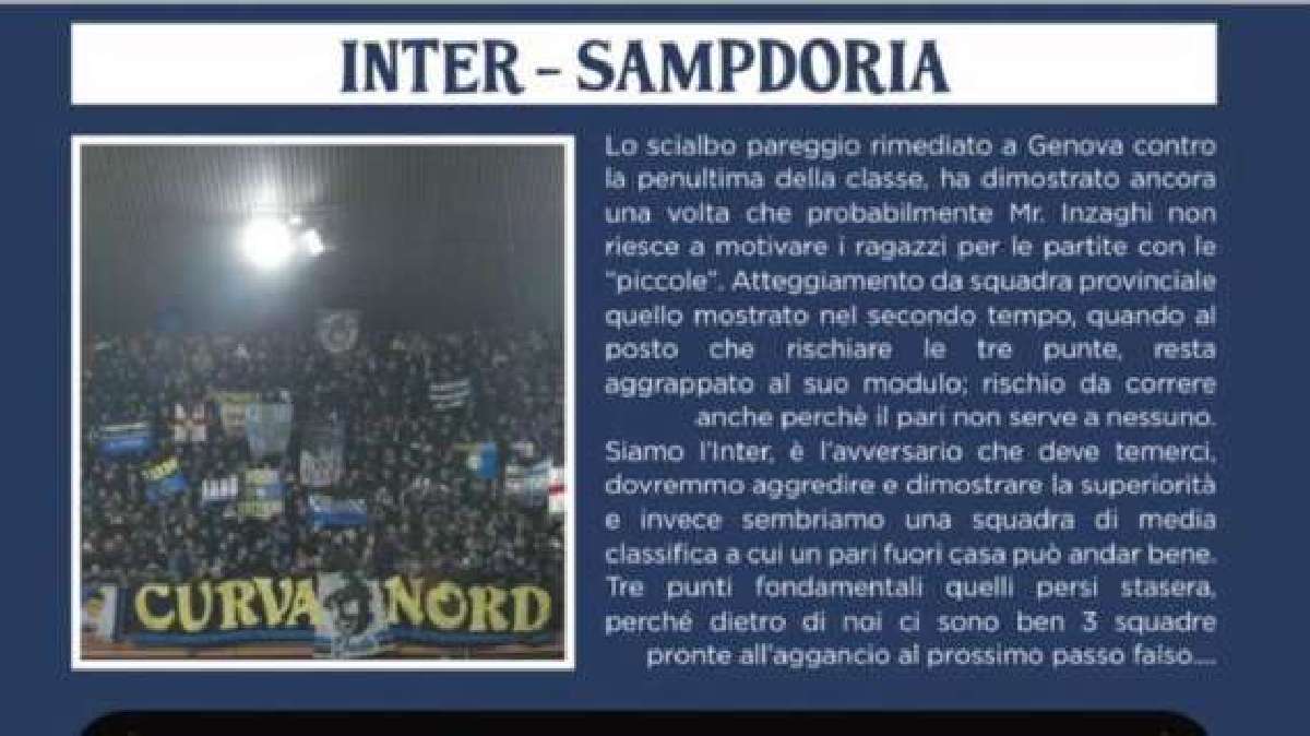 Sampdoria Inter, la Curva Nord: «Pareggio contro la penultima
