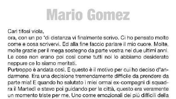 GOMEZ, Lettera aperta ai tifosi: "Grazie Firenze"