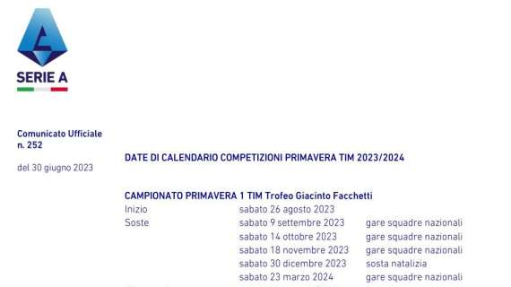 PRIMAVERA, Date del prossimo campionato: inizio 26/08