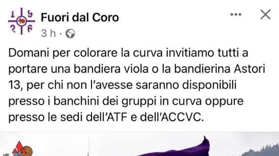 ASTORI, Domani bandierine viola o "Astori 13" in Curva