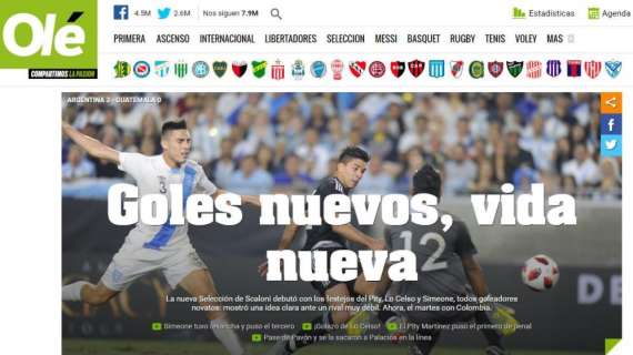 ARGENTINA, Olè titola "Gol nuovi, vita nuova"