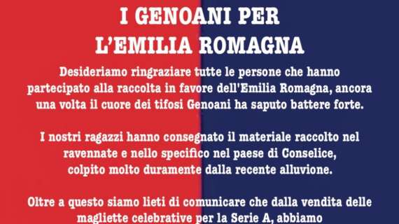 La T. O. ringrazia i tifosi rossoblù per il sostegno all'Emilia Romagna