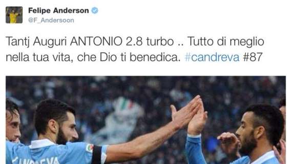 Felipe Anderson festeggia Candreva: "Tanti auguri Antonio 2.8 turbo!"