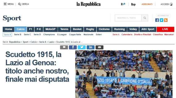 Lo Scudetto 1915 finisce su La Repubblica: "La Lazio vuole l'ex aequo"