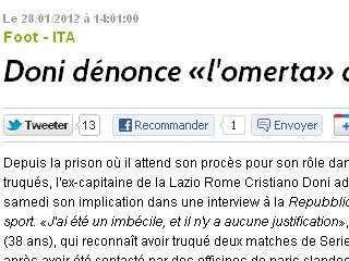 Per l'Agence France-Press Cristiano Doni è magicamente diventato "l'ex capitano della Lazio"...