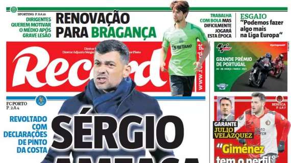 La prima pagina di Record: "Conceicao minaccia l'addio (immediato) al Porto"