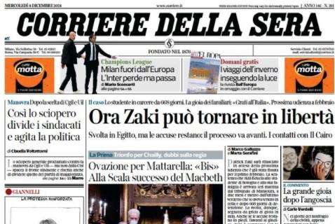 Il Corriere della Sera sulla notte di Champions: "Milan fuori dall'Europa, l'Inter perde ma passa"