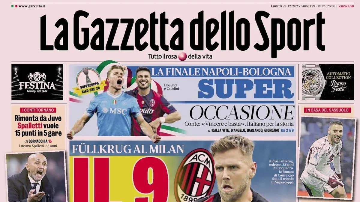 "Napoli-Bologna, Super occasione. Fullkrug al Milan, il 9 in più. Scossa Inter: lo Scudetto a tutti i costi": la prima pagina de La Gazzetta dello Sport
