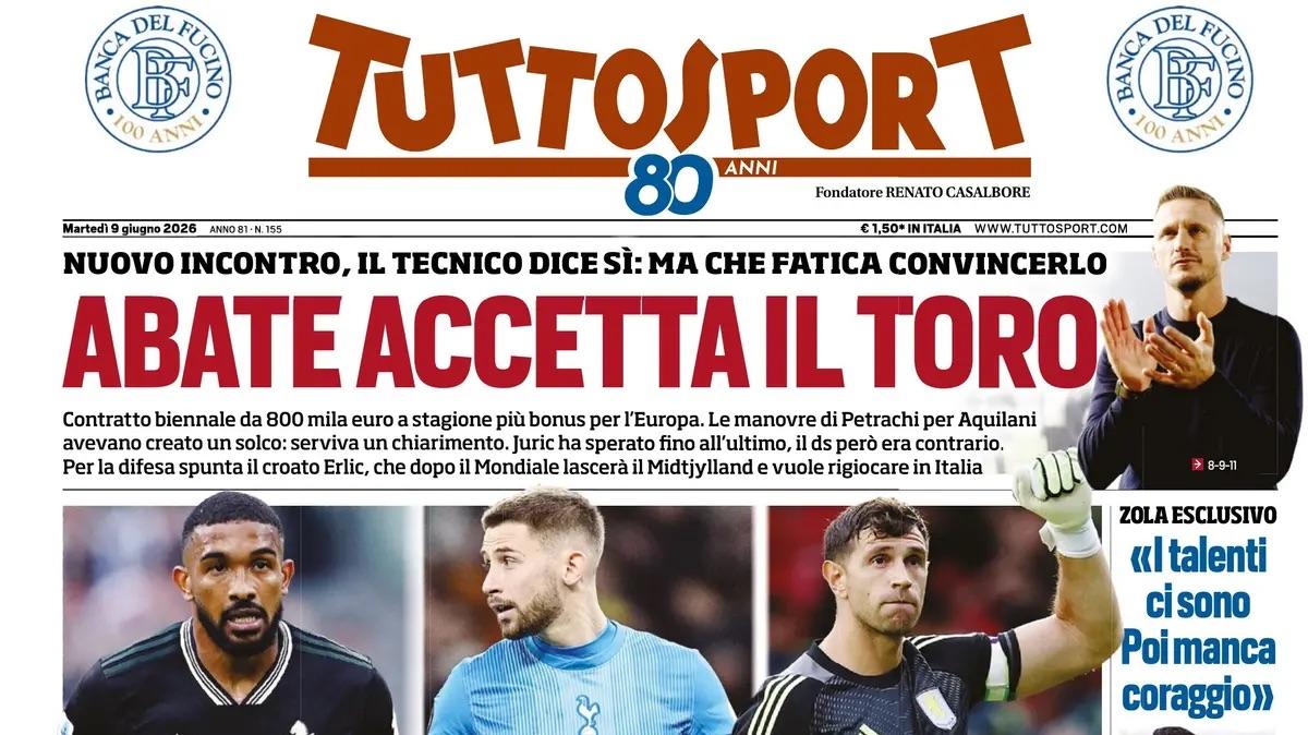 "Bremer-Vicario, Abate al Torino, Solet subito all'Inter" la prima pagina di Tuttosport