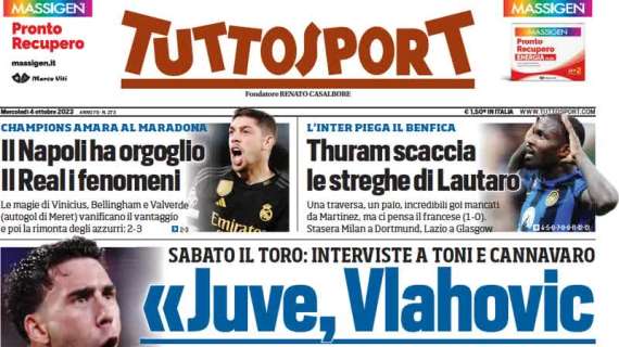 La prima pagina di Tuttosport: "Thuram scaccia le streghe di Lautaro"