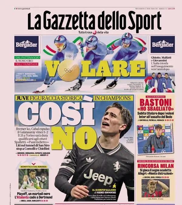"Così no. Juve, figuraccia storica in Champions. Bastoni: "Ho sbagliato". Rincorsa Milan": la prima pagina de La Gazzetta dello Sport