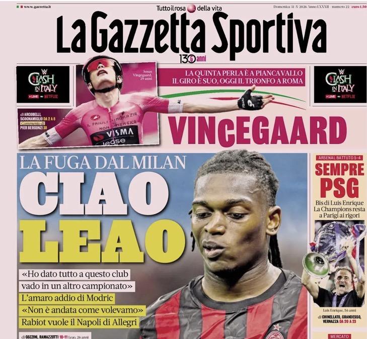 "La fuga dal Milan! Ciao Leao. L'Atalanta apre a Palestra all'Inter", la prima pagina della Gazzetta dello Sport