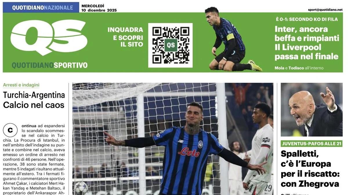 "Dea, oh yes. Spalletti, Europa per il riscatto. Inter ancora beffa e rimpianti", la prima pagina del Quotidiano Sportivo