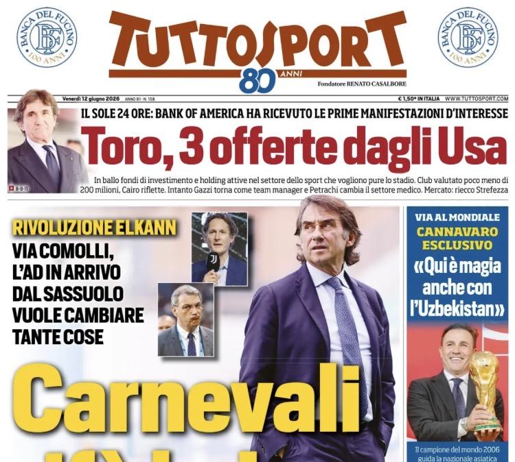 "Carnevali rifà la Juve. Toro, 3 offerte dagli USA": la prima pagina di TuttoSport